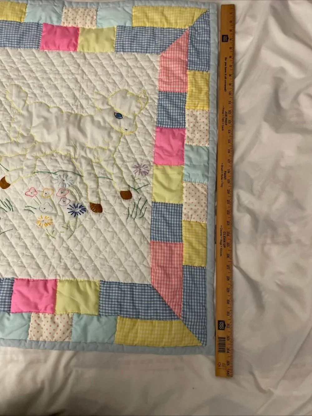 Baby Quilt Pink White Blue Yellow Hand Quilted Embroidered Animal Lamb 34x28”